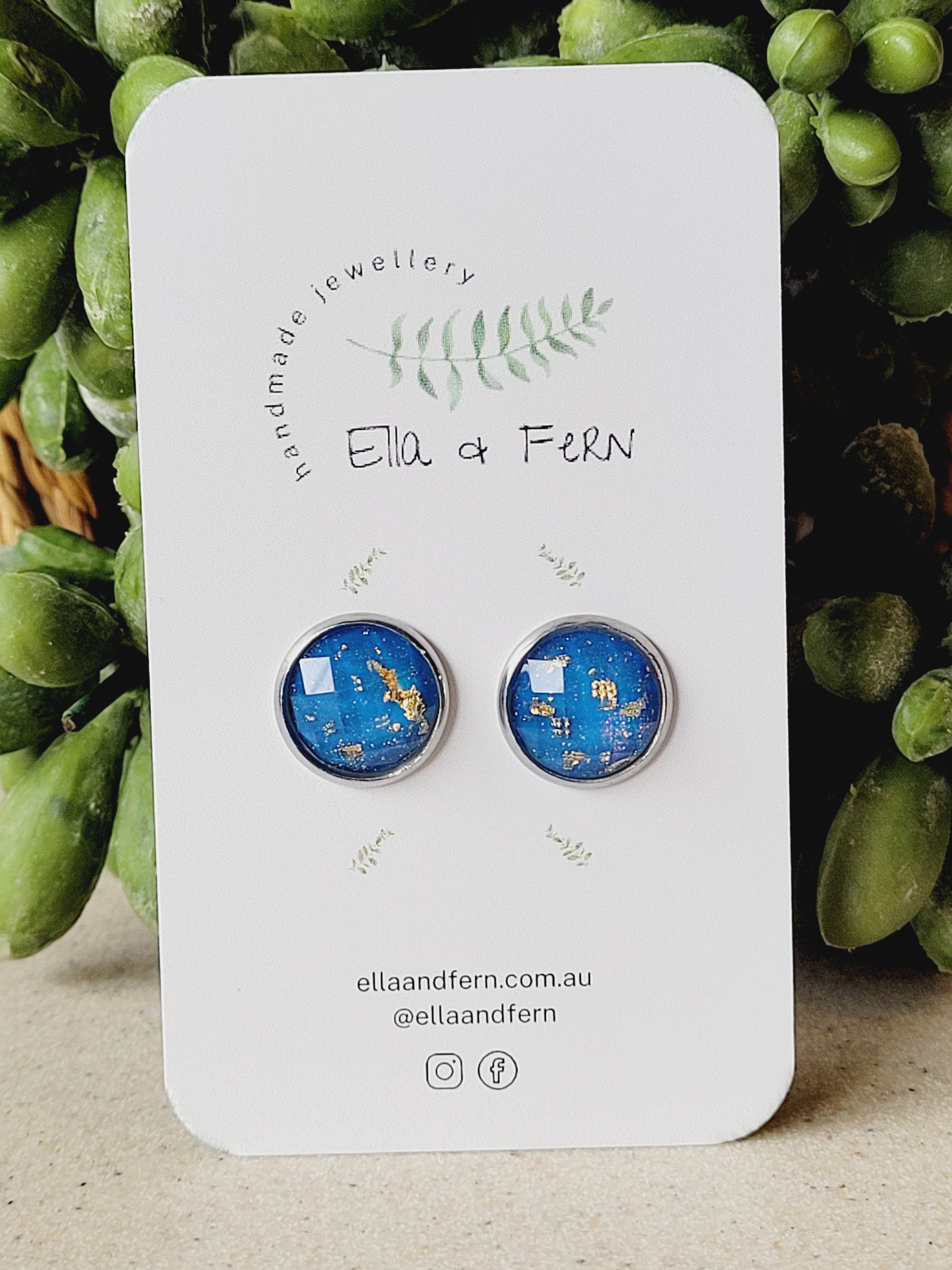 Gold Leaf Baby Blue Stud Earrings | Ella & Fern