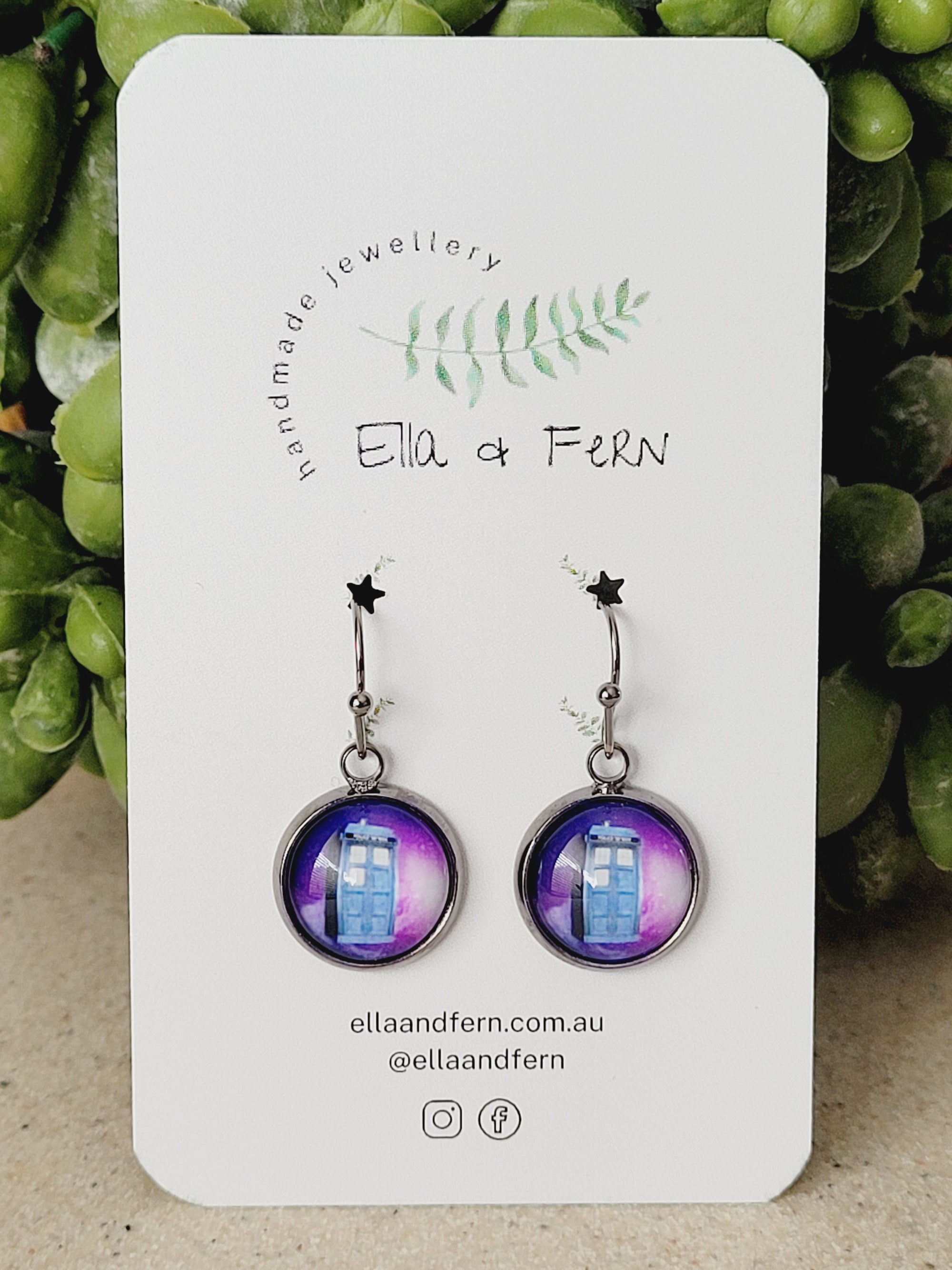 Tardis Purple Dangle Earrings | Ella & Fern