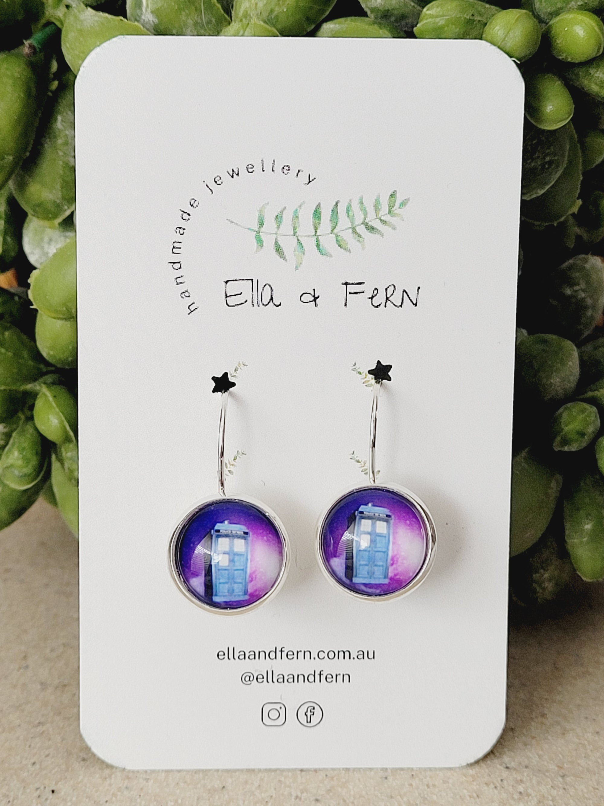 Tardis Purple White Lever Back Drop Earrings | Ella & Fern