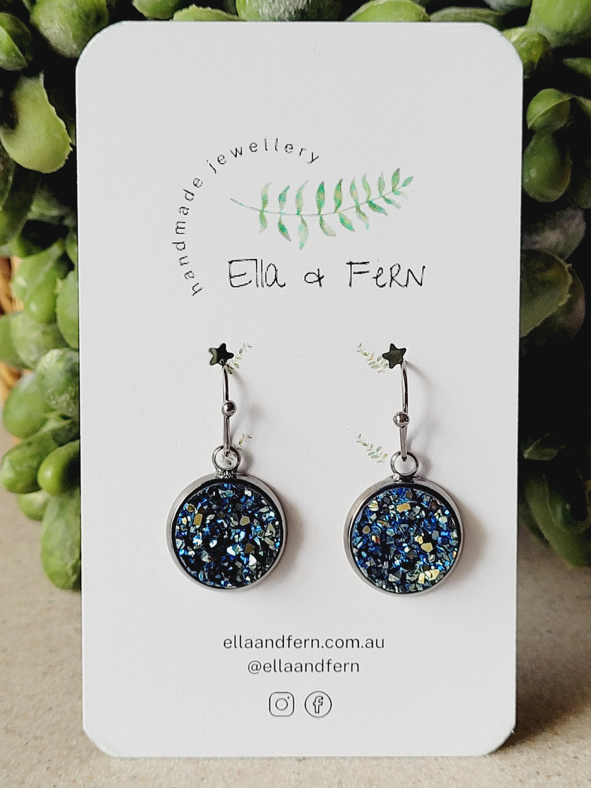 Golden Blue Sparkling Faux Druzy Dangle Earrings | Ella & Fern